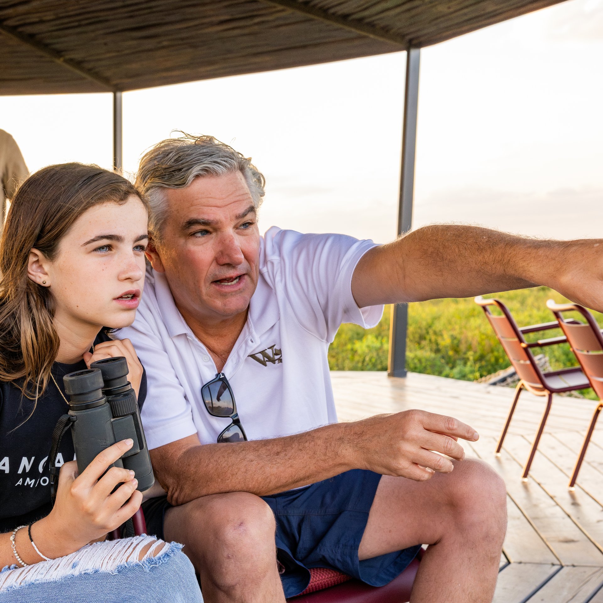 The author and his daughter spotting wildlife from up in the Mnara