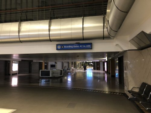 An eerily deserted departure lounge at OR Tambo International, Johannesburg