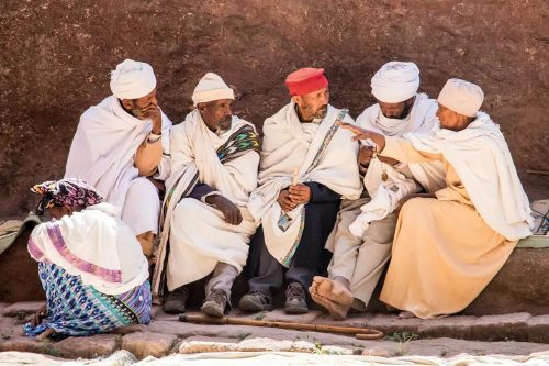 Some elders in discussion at a church in Lalibela