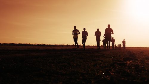 Marathon competitors set off at first light for the 50km race through the Maasai Mara