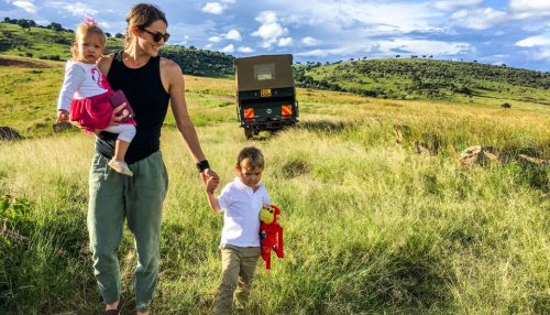 Shannon and children on safari in the Mara