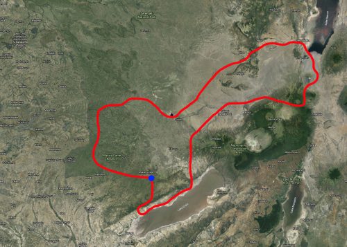 The route we flew starting and ending at Mwiba River Lodge 