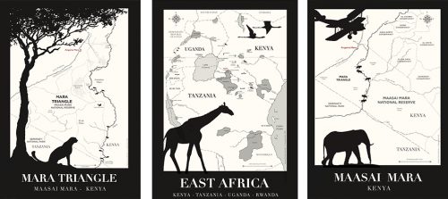 Three of the bespoke maps that have hung in Angama Mara's libraries since day one