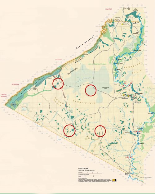 A map of the Mara Triangle with the red circles indicating Eric's leopard sightings and how large their territory is