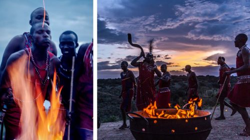 Maasai warriors dance at sunset at Angama Mara's boma 