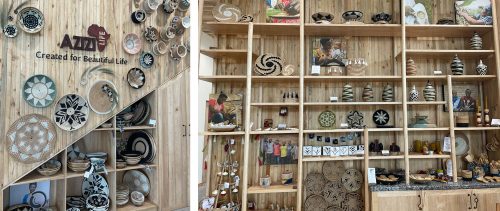 Beautiful community crafted goods line the walls of the Azizi Life gift shop