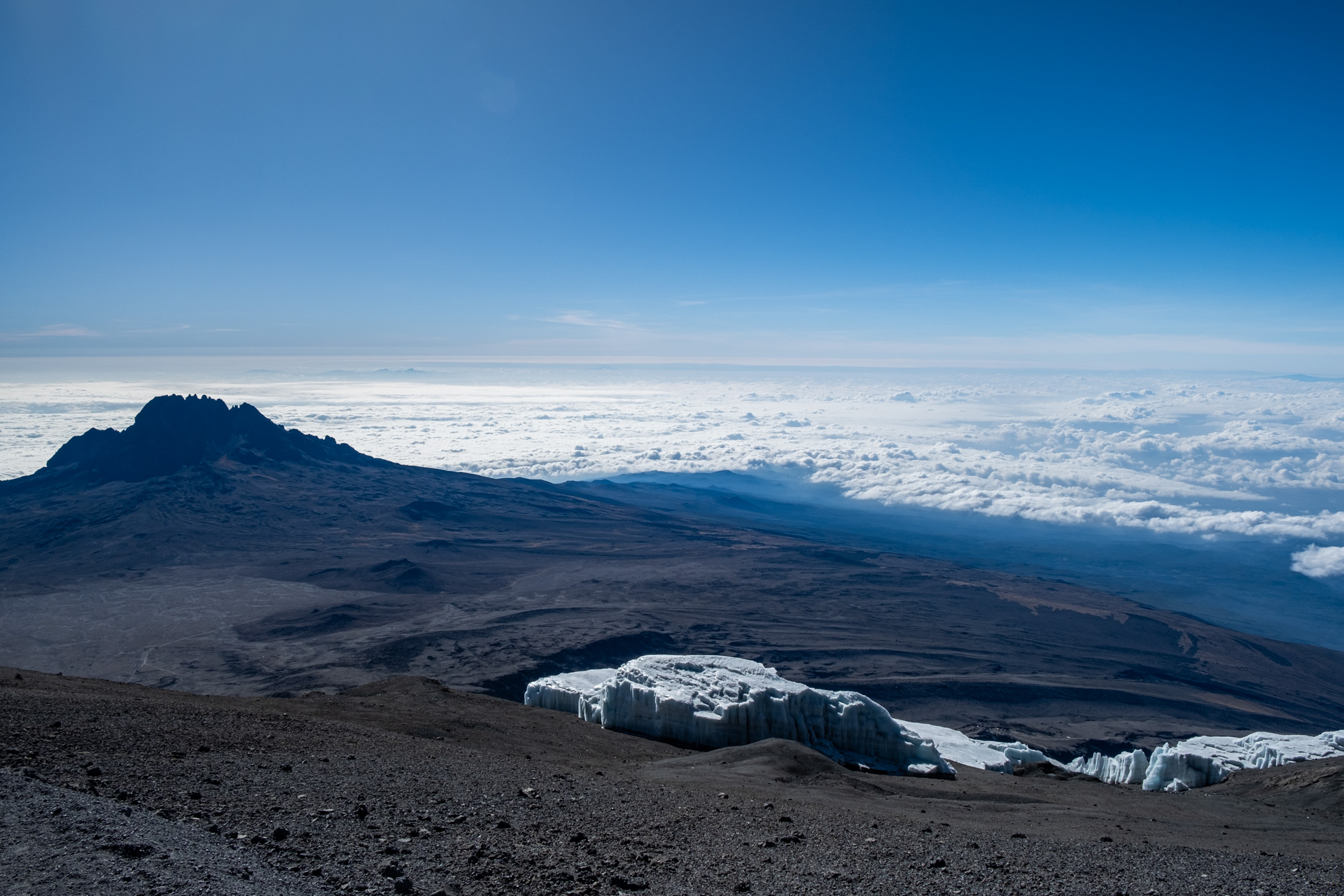 One of Kili's glaciers which gives it it's snow-capped appearance
