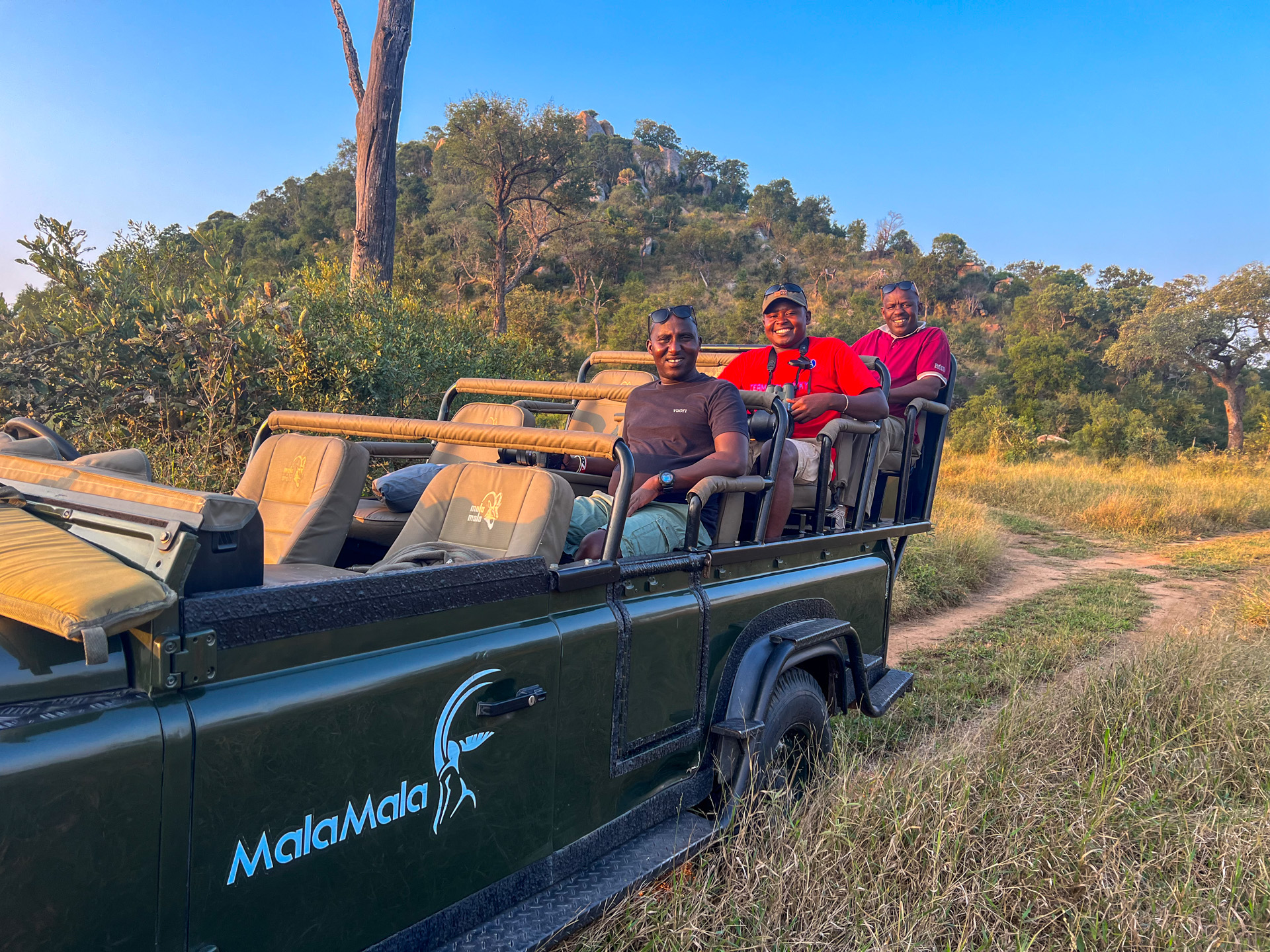 Above: Jackson, Robert and Jimmy ready for a game drive