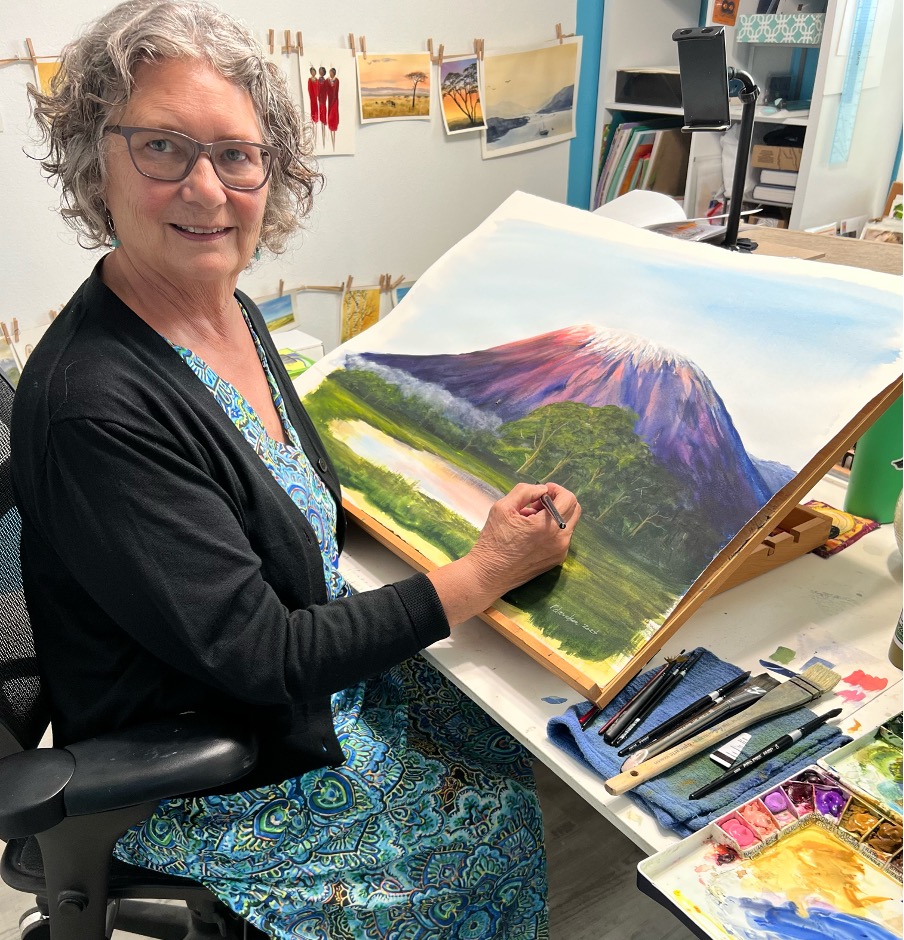 Back in her home studio, Pat paints Kili from memory