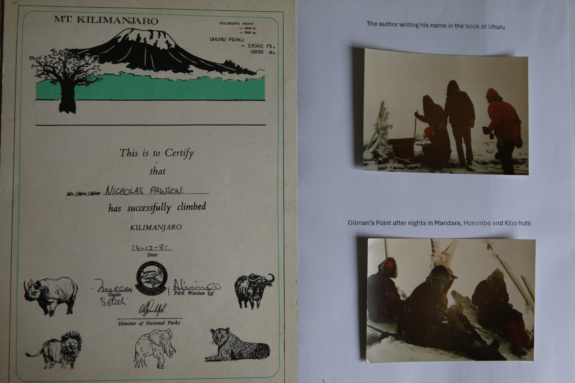 Nicholas Pawson’s climbing certificate and photographs from his ascent to Uhuru Peak in 1981
